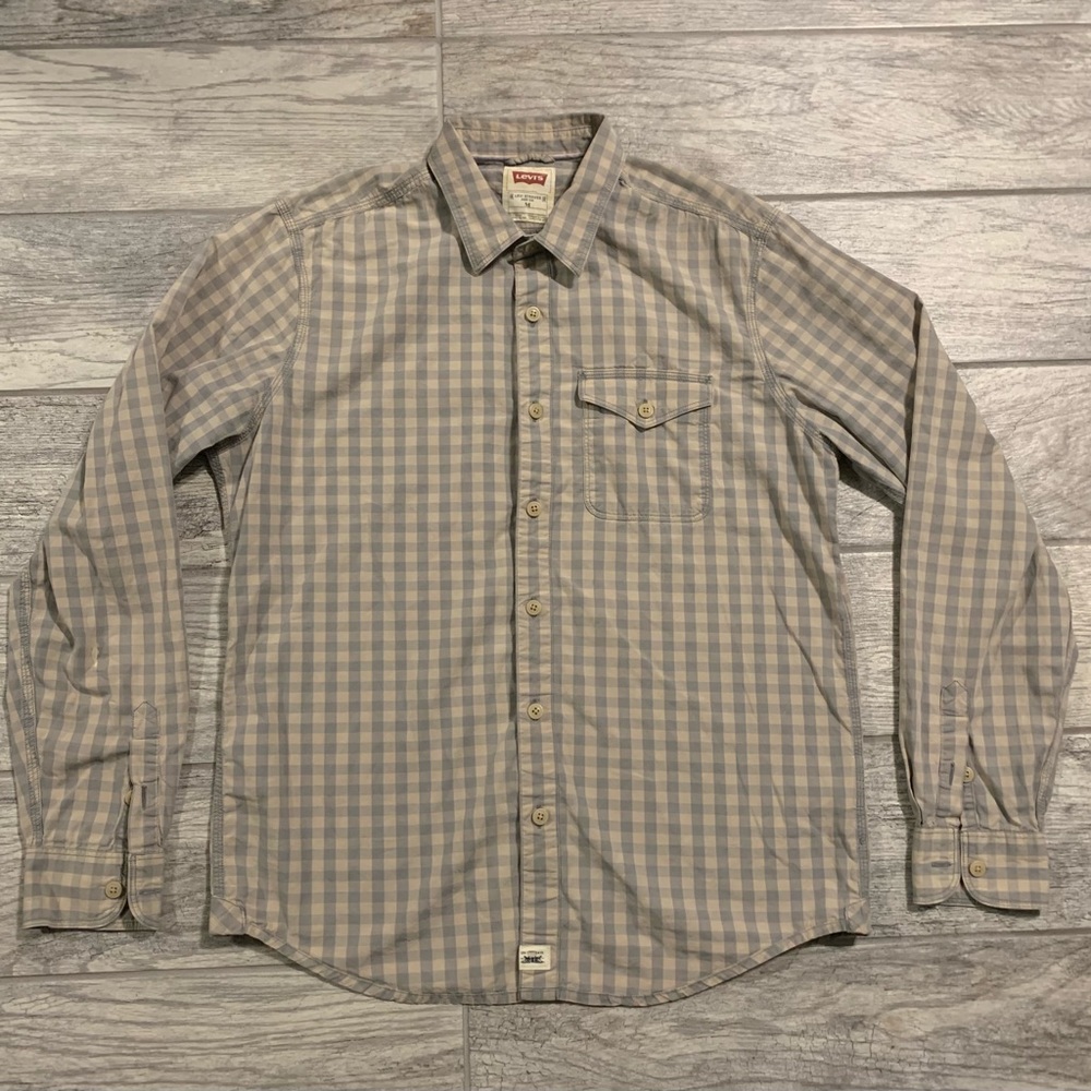 Levis Shirt Mens Medium Grey/Blue Plaid Fall Long Sleeve Casual Pocket Button Up